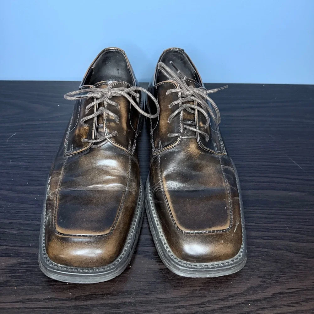 Kenneth Cole Reaction Oxford Mens 9 Brown Good Distressed Leather Square Toe